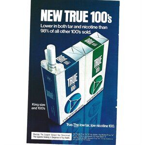 True 100 Cigarette Ad King Size 1970s Vintage Print Ad 9 inch N